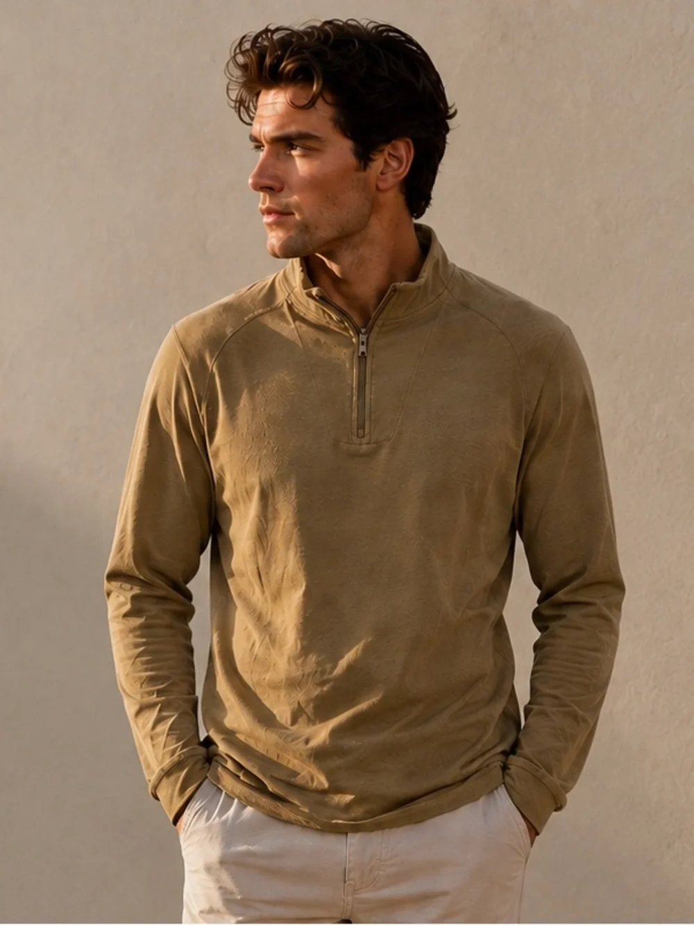 Men's GAP Athletic Fit Quarter-Zip Pullover - Size Large | Khaki/Tan